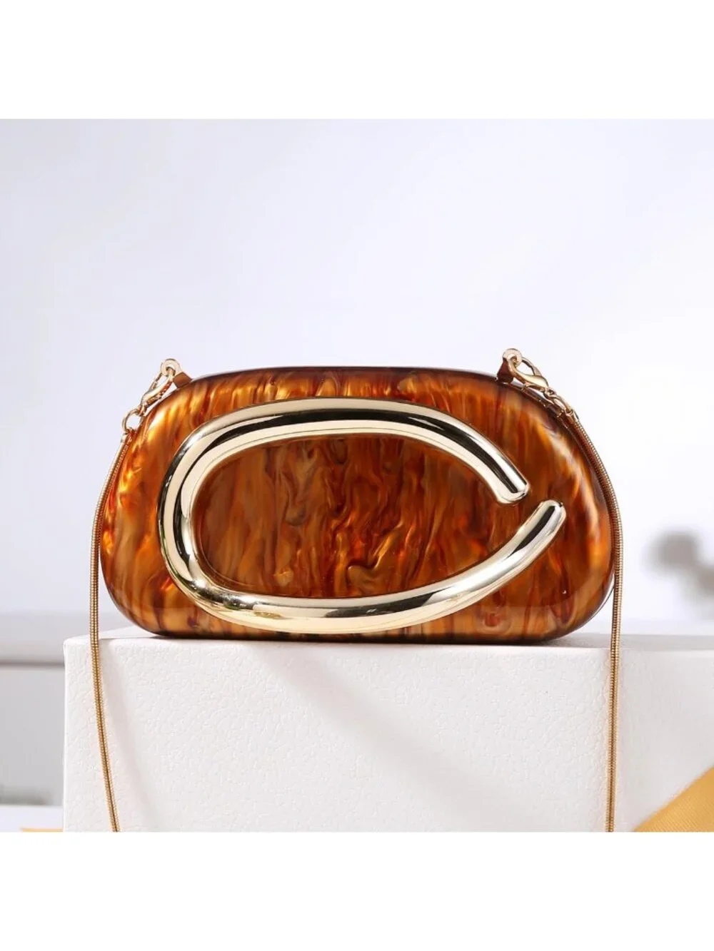 👜Women's Coffee Marble Art Deco Clutch Gold-Tone Handle Evening Party Purse Bag